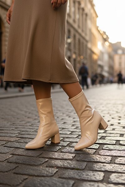 akerler Kadın Sivri Bej Streç Rustik Deri Günlük Bot Ikı7