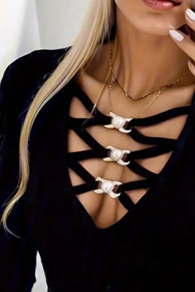 Mossta Μπλούζα πλέξη ριμπ με λεπτομέρεια σταυρωτού σχήματος στο λαιμό - Μαύρο