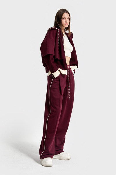 its basic Kadın Bordo Renk w5-35 Örme Kumaş Polar ve Eşofman Alt Üst 2'li Tasarım Takım