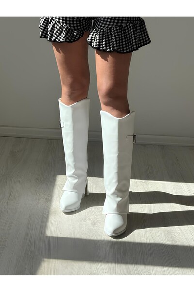 Favi Ayakkabı White Leather Legging-Looking Pointed Toe Long Style Boots