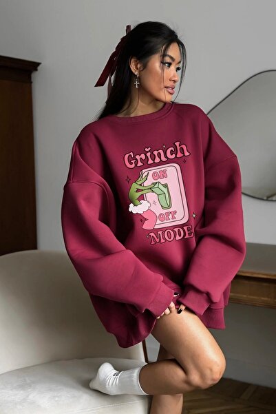 The Champ Clothing Γυναικείο φούτερ φόρεμα oversize Grinch Mode με στάμπα μπορντό – λαιμόκοψη, 3 κλωστές από ριγέ φλις