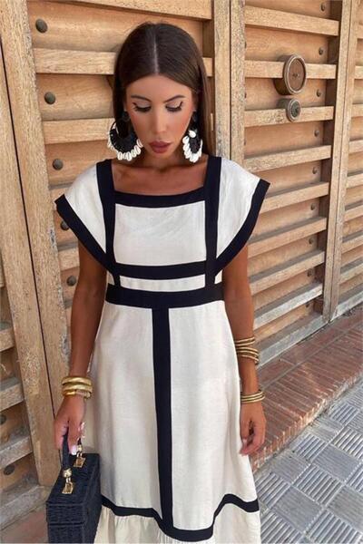 Dipmoda Γυναικείο φόρεμα από λινό ύφασμα με διακοσμητικά στοιχεία DPEMP1077