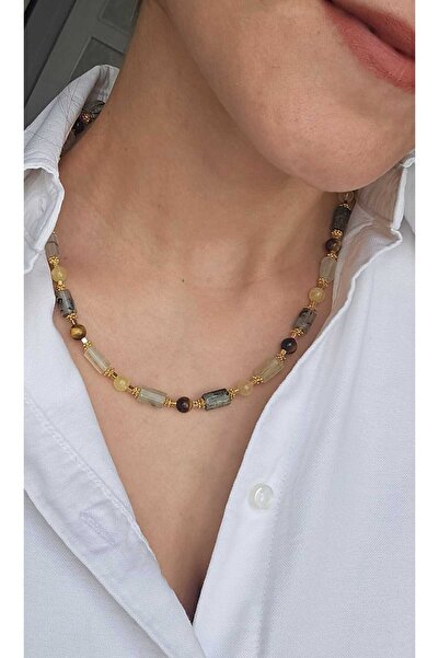 İNCİORA JEWELRY GERÇEK DOĞAL TAŞLI PREHNİT, KAPLAN GÖZÜ VE SİTRİN TAŞLI KOLYE