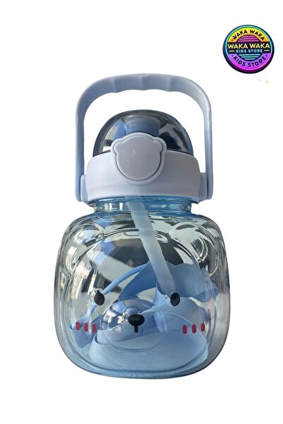 ww waka waka kids store Children's Water Bottle with Teddy Bear Figure 500 ml - Cute Transparent Water Bottle with Strap & Leak-Proof Lid