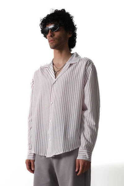 1887CLO İnce Kırmızı Çizgili Old Money Oversize Gömlek