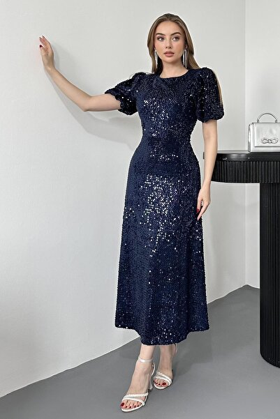 Elbee Fashion Woman Lacivert Midi Boy Pul Payet Elbise