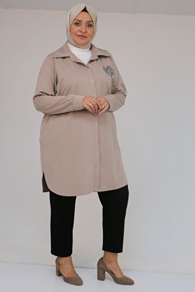 Eslina 58126 Plus Size Buttoned Modal Tunic with Accessory Detail - Beige