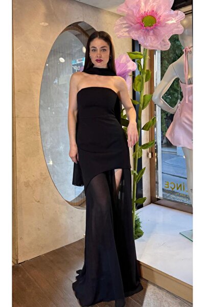 SpringStore Siyah Şal Detaylı Straplez Abiye