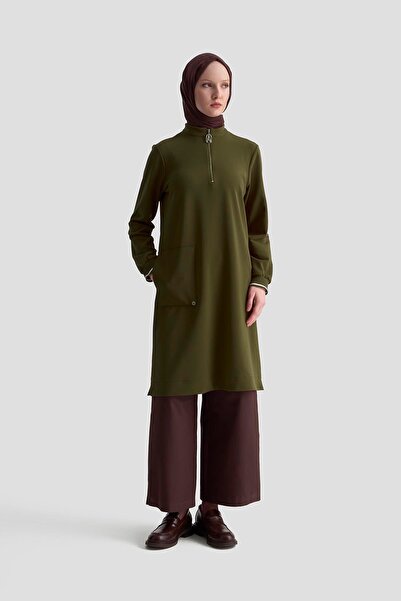 Armine TREND Ribbed Sleeves Half Zipper Tunic Oil Green 25Kt443