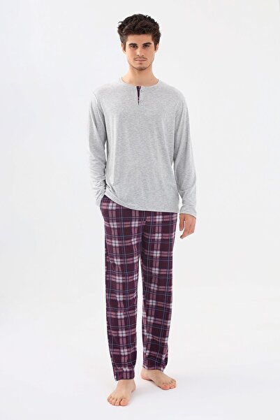 koza iç giyim طقم بيجامة رجالي من القطن بأكمام طويلة وفتحة أمامية منقوشة