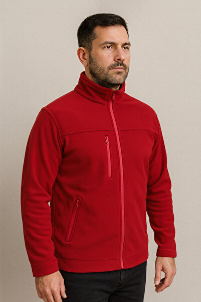 Butik Unisex Kırmızı Anti-pilling Tüylenme Yapmayan Standart Fit Tam Fermuarlı Soğuk Geçirmez Polar Hırka