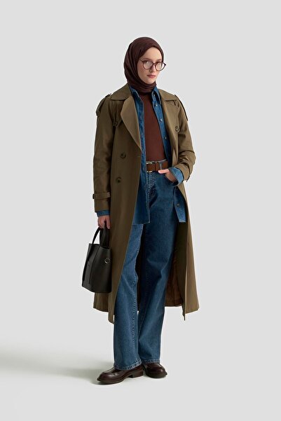 Armine TREND Double-Breasted Trench Coat with Belt at Waist Khaki 25Kt720