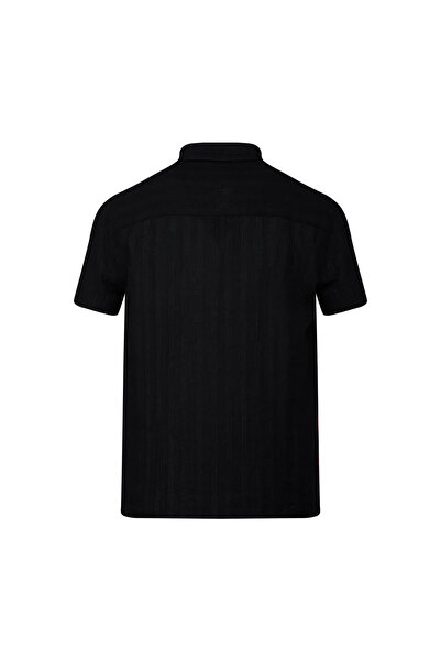 Hatemoğlu Black Comfort Fit Striped Button down Collar 100% Cotton Short Sleeve Casual Shirt