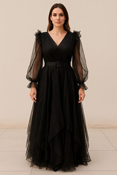 sweetyar Şık Tül Kollu Elbise – Taş Tokalı Kemerli, Kemerli, Astarlı, Düğün ve Davet Kombinlerine Uygun