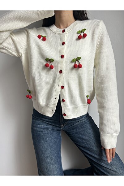 LOTUS CITY Cherry Patterned Crew Neck Buttoned Knitwear Cardigan
