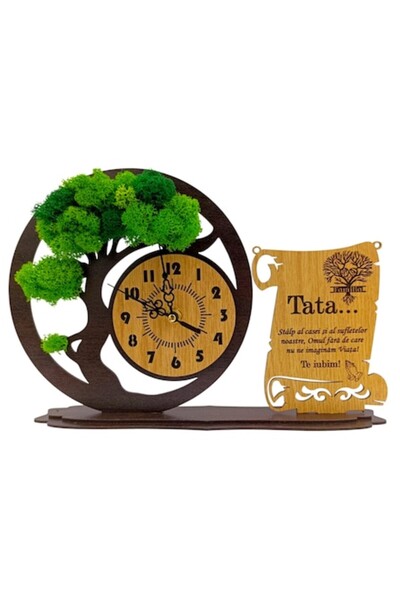 OEM Ceas bonsai cu licheni naturali si mesaj pentru Tata, 30x20 cm, cadou personalizat, wenge