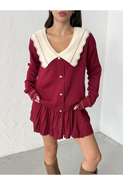 BEJNA Women's Burgundy Stylish Collar Blouse Skirt Bottom Top Knitwear Set