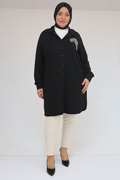 Eslina 58126 Plus Size Buttoned Modal Tunic with Accessory Detail - Black