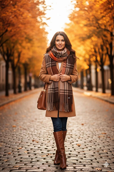 Cashmere KAŞMİR EKOSELİ OMUZ ŞALI-Açik-koyu kahve