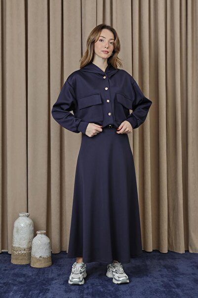 Puane Women's Snap Detailed Skirt Suit - 14377Tks - Navy