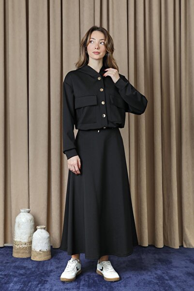 Puane Women's Snap Detailed Skirt Suit - 14377Tks - Black