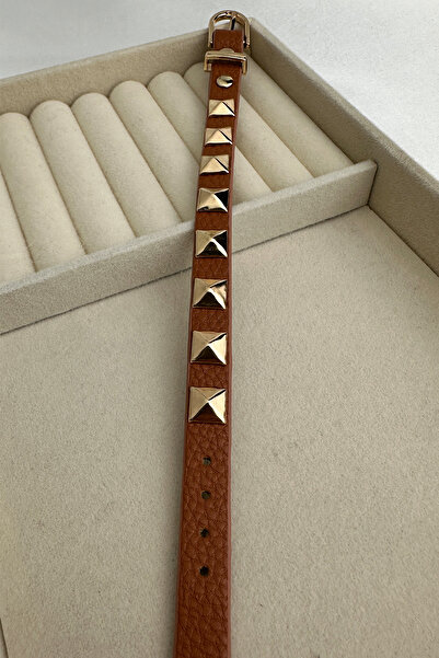 Modex Yellow Metal Staple Detail Leather Bracelet (24cm)