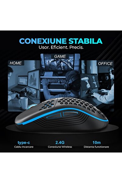 Timebox Mouse de gaming wireless, 80g, 1600DPI, receptor USB 2.4G, LED RGB, 7 butoane, design ergonomic, negru
