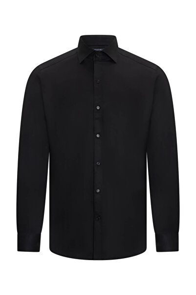 Hatemoğlu Black Comfort Fit Slim Collar 100% Cotton Turn-Down Cuff Long Sleeve Satin Shirt