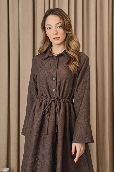 Loreen Kadın Belden Tünelli Kapitone Elbise - 20713ELB - Kahve