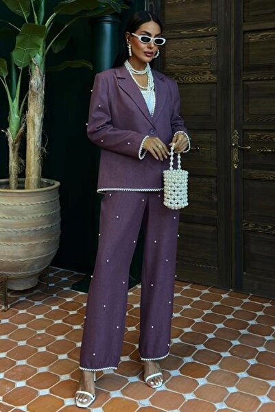 İpeksi طقم بنطلون جاكيت كتان مزين باللؤلؤ 10124