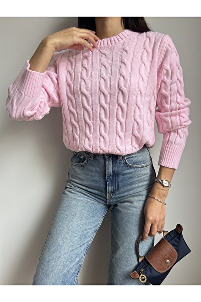 LOTUS CITY Saç Desenli Yumuşak Dokulu Kadın Triko Kazak Pembe