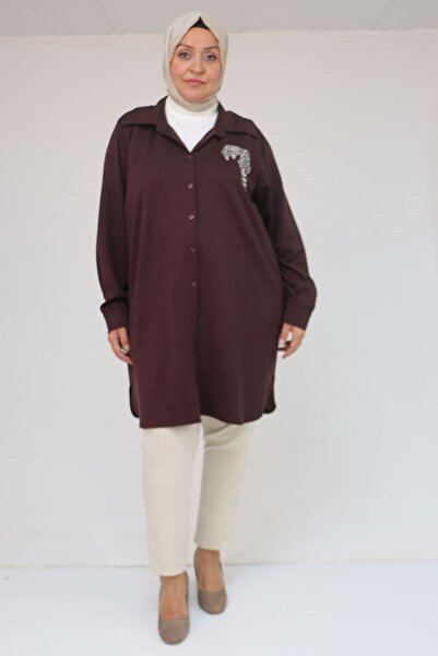 Eslina 58126 Plus Size Buttoned Modal Tunic with Accessory Detail - Brown