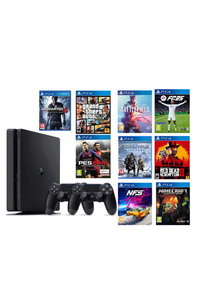 Sony Ps4 500 GB Slim Kasa 10 Oyunlu 2 Adet V2 Kol (12.02V - Yazılımsal Kırık) Yenilenmiş 12 Ay Garanti