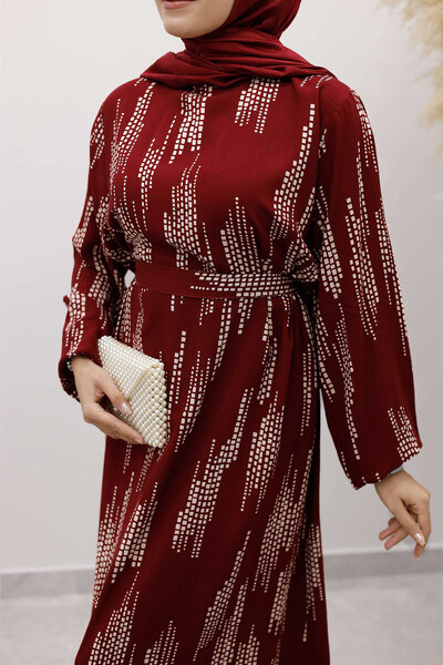 Tesettür Dünyası Pötikare Desenli Viskon Elbise TSD250232 Bordo