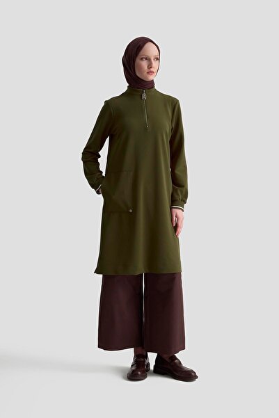Armine TREND Ribbed Sleeves Half Zipper Tunic Oil Green 25Kt443