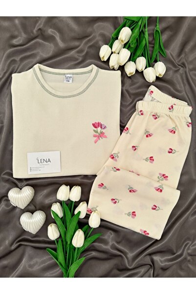 Lena Homewears Women's Tulip Patterned Ecru Waffle Premium Pajama Set