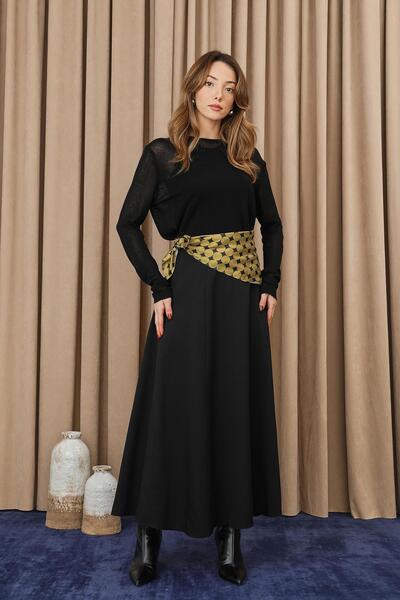 Puane Kadın Puantiye Fularlı Açılımlı Dokuma Etek - 18272ETK - BLACK