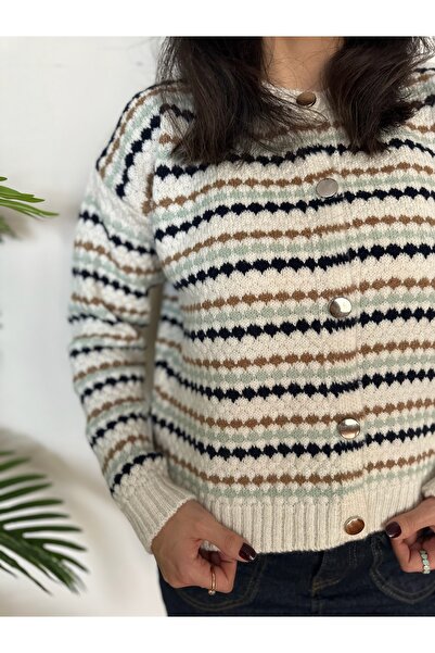 BELISTIL Coffee Beige Patterned Buttoned Knitted Retro Sweater Cardigan