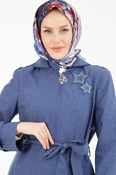 Armine TREND Kapüşonlu Fermuarlı Yıldız Detaylı Pardesü-İndigo 22YT820