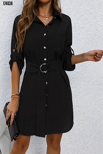 Viyamo Yeni Sezon Kuşaklı Kadın Mini Elbise Uzun Kollu Yaka Detaylı Düğmeli Keten Kumaş