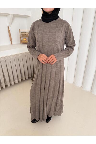 Butik Piliseli Evaze Triko Elbise Kemer Detaylı