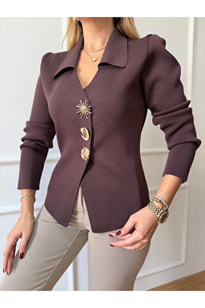 Size Özgü Acı Kahve Gold Düğmeli Çelik Hırka