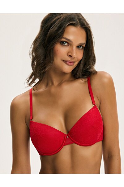 ESOTIQ Push-Up Bra Underwired Plunging Design Decorative Removable Ribbons with Floral Lace | C'est