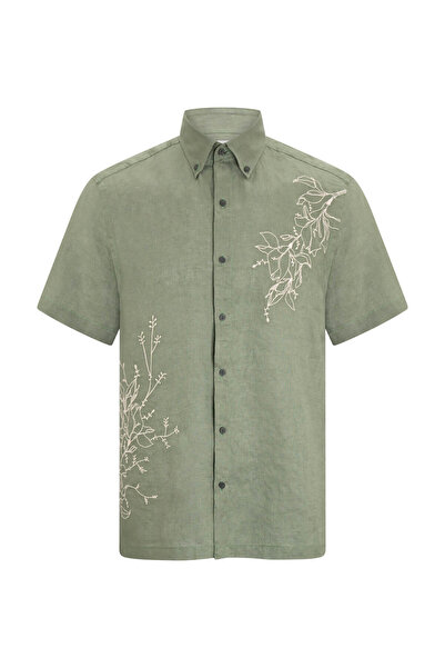 Hatemoğlu Khaki Comfort Fit Button down Collar 100% Linen Short Sleeve Shirt