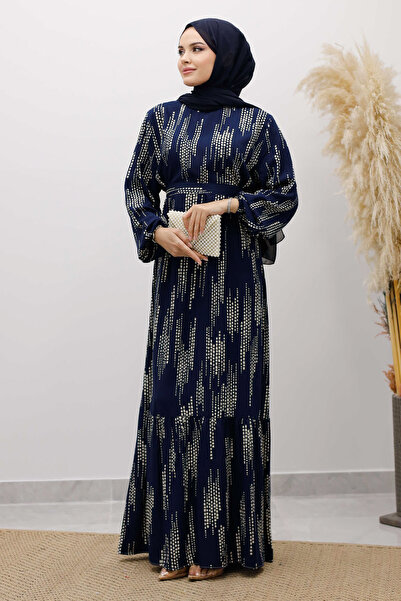 Tesettür Dünyası Pötikare Desenli Viskon Elbise TSD250232 Lacivert