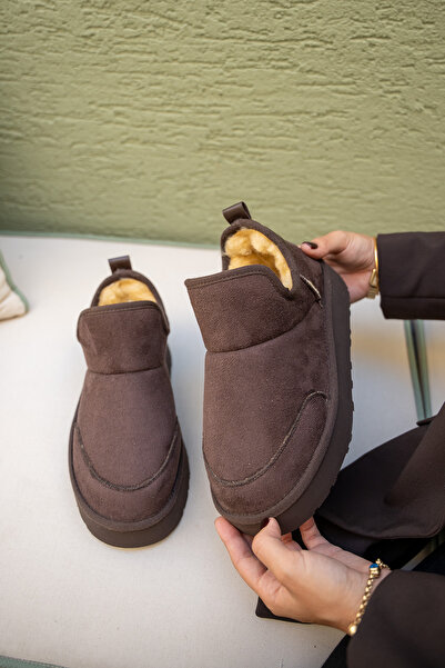 LAMİNTA Γυναικείες μπότες Mayra καφέ σουέντ με επένδυση από γούνα και χοντρή σόλα