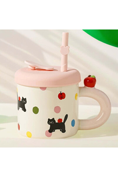vivimall Ceramic mug with lid and straw Cute B model 380 ml pink | FreshBox
