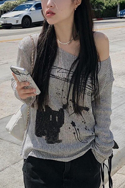 Karakedi Γκρι μελανζέ μπλουζάκι με μακρυμάνικο κορδόνι στον ώμο Street Y2K