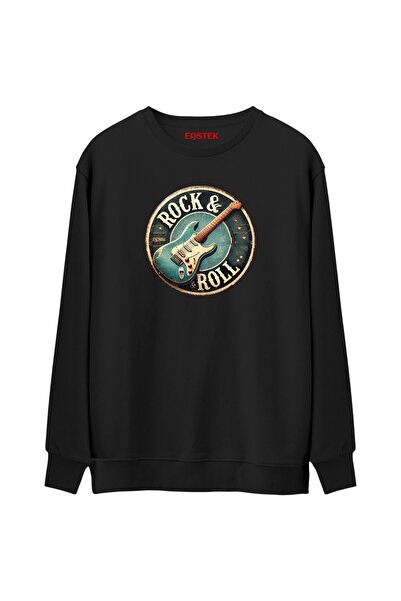 Eastek سويت شيرت روك آند رول جيتار بريميوم أسود برقبة دائرية، للرجال، للنساء،...