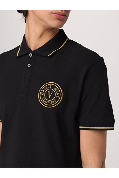 Versace Men's Polo Neck Sleeve and Collar Trim Stripe Detail Black-Gold Polo Neck T-Shirt 78Gagt00Cj01T-G89